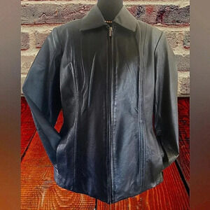 Vintage Black Leather Moto Leopard Animal Print Lined Jacket Women Size Medium